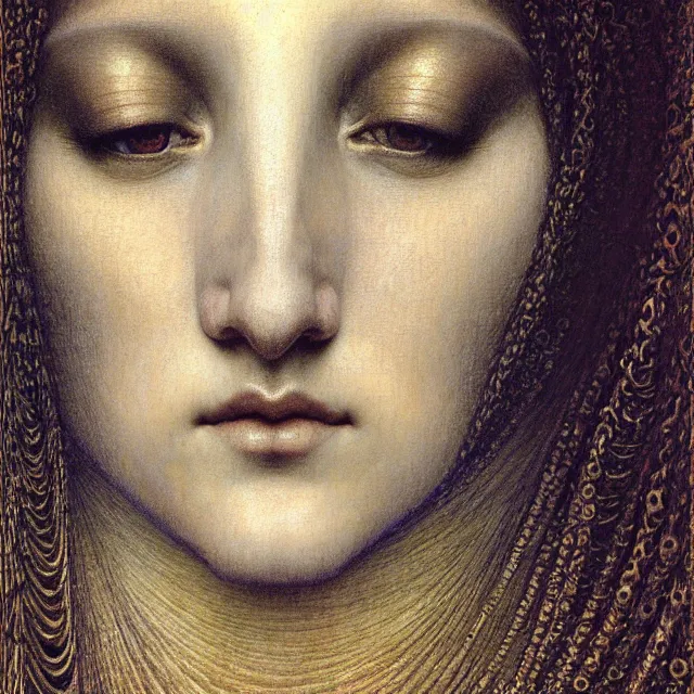 Image similar to detailed realistic beautiful young medieval queen face portrait by jean delville, gustave dore and marco mazzoni, art nouveau, symbolist, visionary, gothic, pre - raphaelite. horizontal symmetry