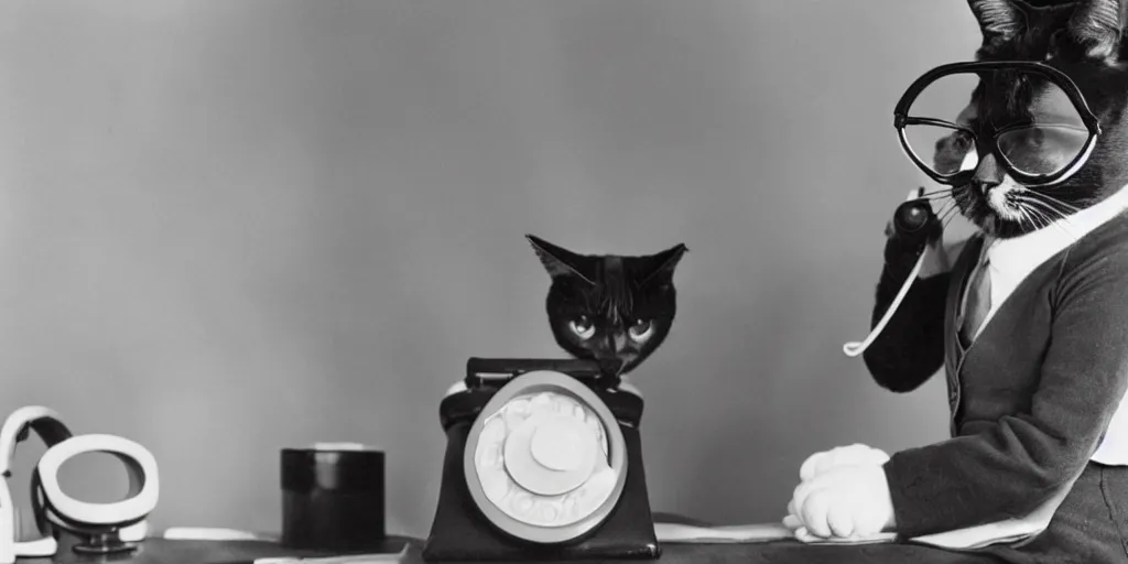 Prompt: an old balck and white photo, film grain, 1900's, of a very serious cat wearing glasses, making an important telephone call, with a n old rotery phone, clear, serious, funny