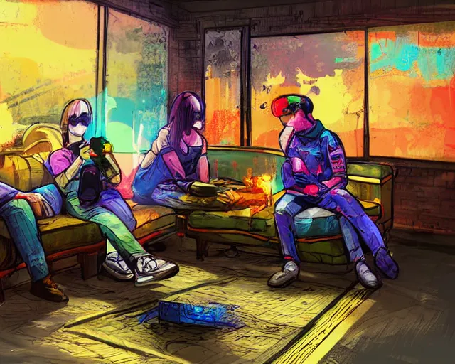 Prompt: two csgo characters siting and chilling in cozy smoking room, plan b, lots of details, digital paining, concept art, poster, vibrant color