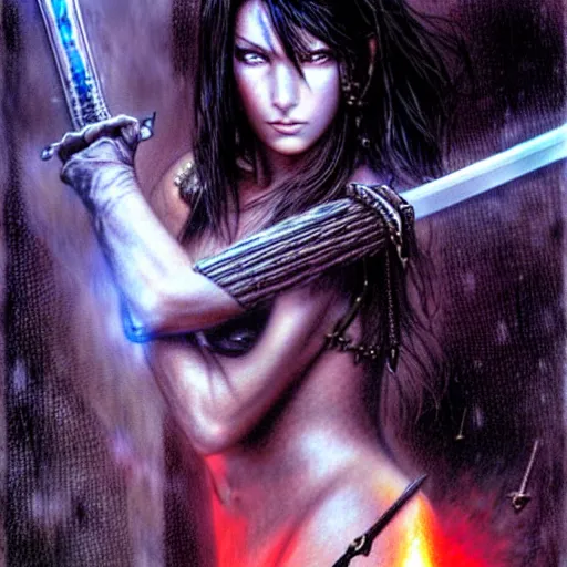 Image similar to female warrior, black hair, glowing sword, cinematic, by luis royo