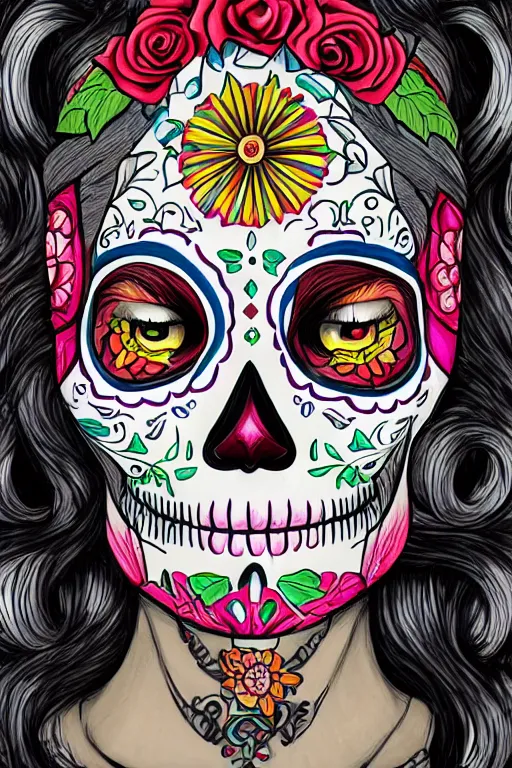 Image similar to illustration of a sugar skull day of the dead girl, art by mingchen shen