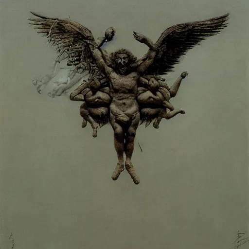 Image similar to cherub with four faces : man, lion, eagle, bull. drawn by zdzislaw beksinski