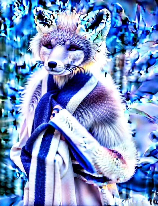 Prompt: a cute anthropomorphic arctic fox girl anthro wearing indigo ribbons and a fluffy robe, winter park background, intricate details, aesthetically complementary colors, scenic background, real life fursona photography. trending on artstation, top rated on pixiv and furaffinity