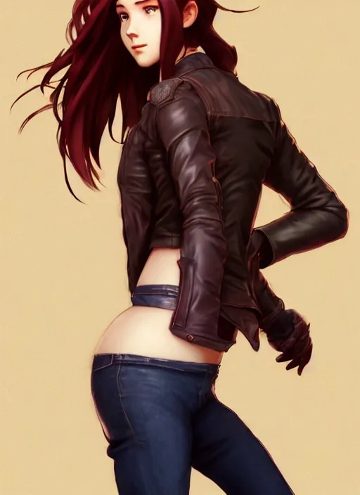 Image similar to pretty young woman with shoulder length shiny shimmering dark red hair and wearing worn leather jacket, concept art, t - pose, full body, path traced, highly detailed, high quality, digital painting, by studio ghibli and alphonse mucha, leesha hannigan, makoto shinkai, arcane