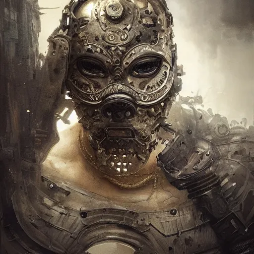 Image similar to Very very very very highly detailed epic photo of face with venetian mask, intricate, dystopian, sci-fi, extremely detailed, digital painting, artstation, concept art, smooth, sharp focus, illustration, intimidating lighting, incredible art by Greg Rutkowski and Jakub Rozalski and Artgerm and Anton Pieck