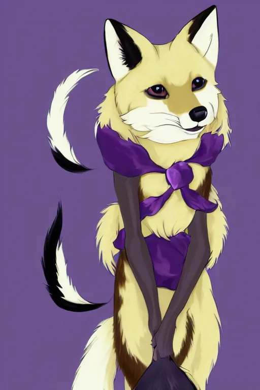 Prompt: a portrait of a cream-colored fox furry fursona with long purple hair and black fox ears wearing a crop top, furry artwork, furaffinity, award-winning art