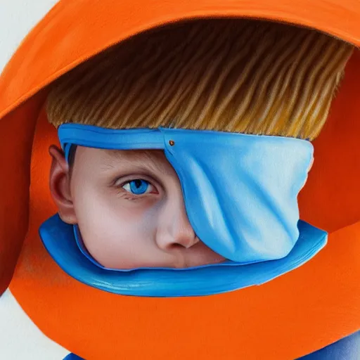 Image similar to a detailed portrait of a boy with blue eyes and blonde hear wearing an orange bucket hat, art illustration, incredibly highly detailed and realistic, 8 k, sharp focus