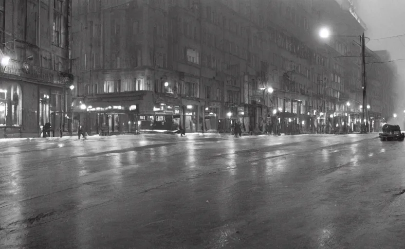 Image similar to 40s historic footage of a sovietic street with pedestrians, aerial view , Cinestill 800t 18mm, heavy grainy picture, very detailed, high quality, 4k panoramic, billboards and streetlight at night, rain, mud, foggy