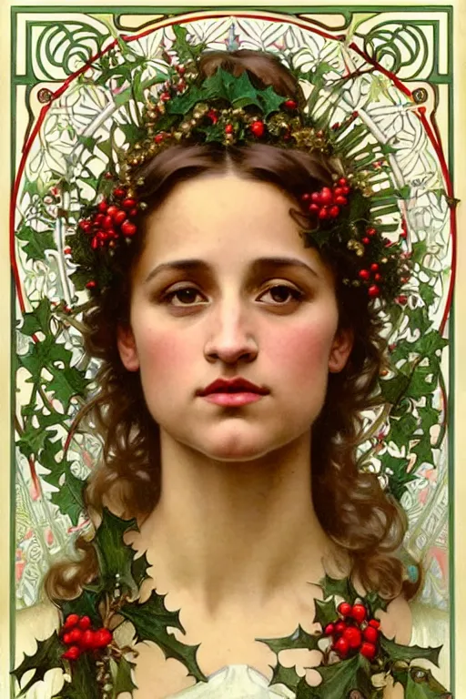 Prompt: realistic art nouveau style detailed portrait of alicia vikander wearing a holly wreath as a crown at christmas by alphonse mucha, william adolphe bouguereau, and donato giancola art nouveau style, red and green christmas colors