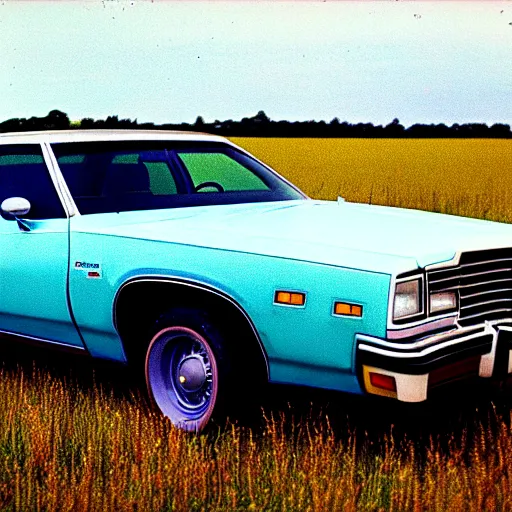 Image similar to A photograph of a beater faded Powder Blue Dodge Aspen (1976) in a farm field, photo taken in 1989