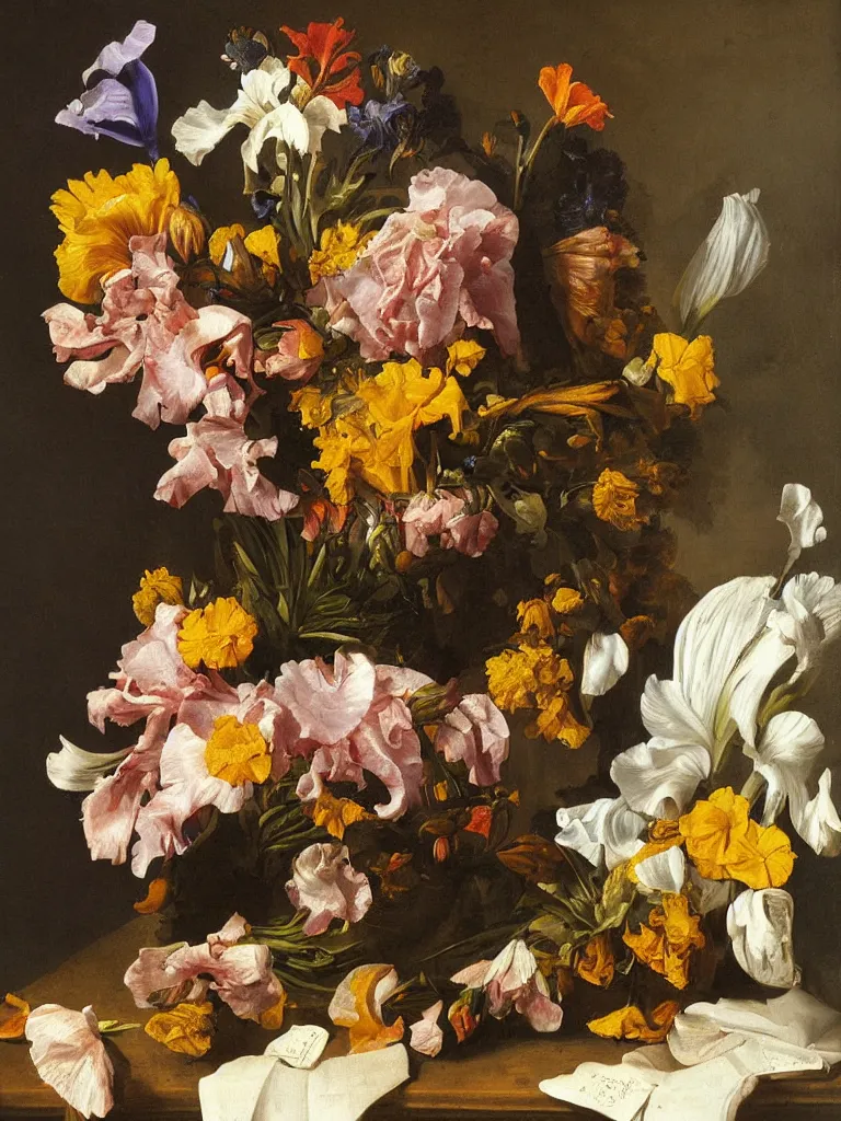 Image similar to painting, Dutch style, old masters, Jan Davidszoon de Heem, still life with flowers, iris, marigold, rose, lilies,