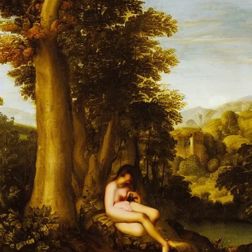 Image similar to a girl lost in a forest, castel in the background, renaissance