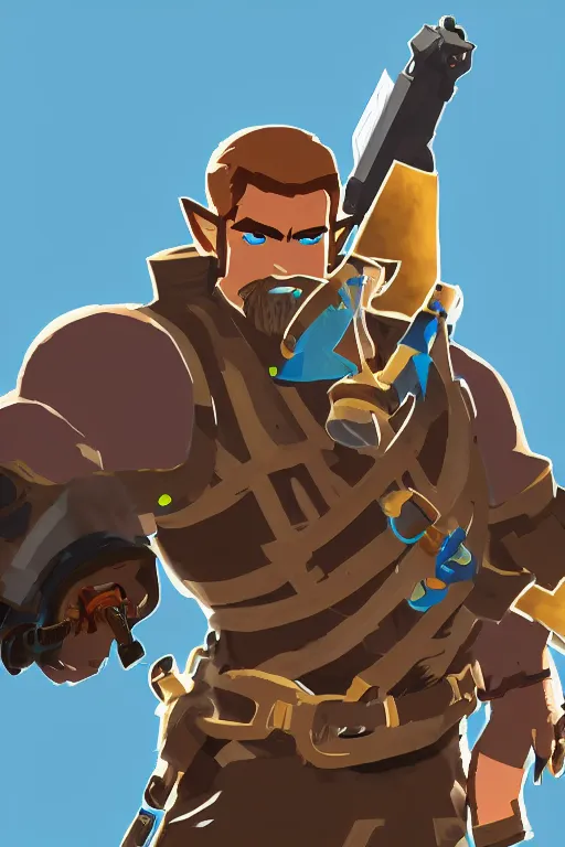 Image similar to an in game portrait of tf 2 heavy from the legend of zelda breath of the wild, breath of the wild art style.