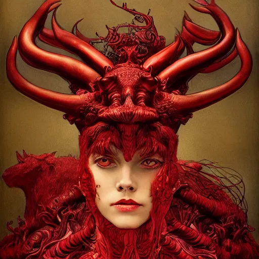 Image similar to a photographic portrait of a scarlet - colored beast with seven ( 7 ) heads and ten ( 1 0 ) horns by gustave dore and stephen hickman and allen williams, trending on artstation, cgsociety, 4 k hd, earthtone colors, a woman riding the back of the beast