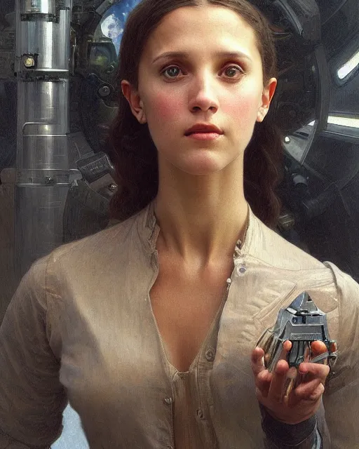 Image similar to a realistic oil painting of a girl resembling alicia vikander or millie bobby brown in a futuristic mechanical spaceship engine, highly detailed, intricate, artstation, by donato giancola and william adolphe bouguereau