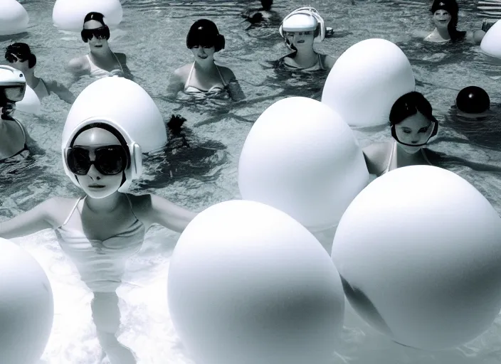 Image similar to realistic photo of a group of common girls in white tights, wearing white spherical helmets, in a big white plastic sci - fi egg - like pool with black water, in a center of the pool with black oil water, the sky is grey 2 0 0 0, life magazine photo,