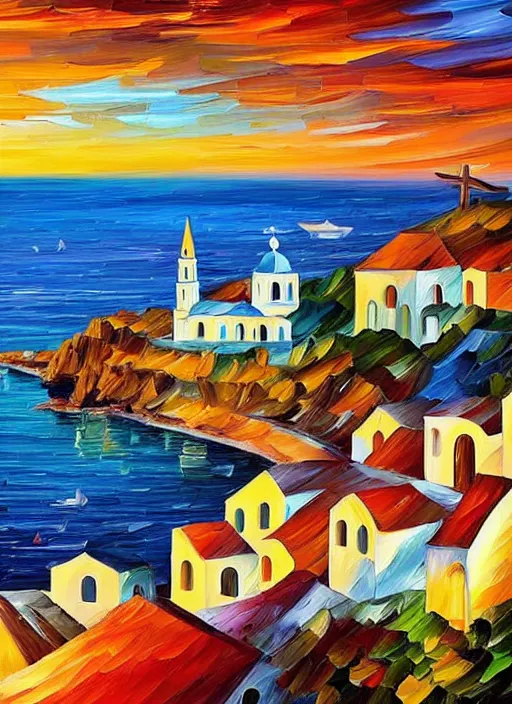 Image similar to beautiful seaside greek village and church at sunset in the style of leonid afremov