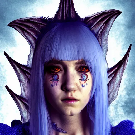 Prompt: portrait of young girl half dragon half human, dragon girl, dragon skin, dragon eyes, dragon crown, blue hair, long hair, highly detailed, cinematic lighting, by David Lynch and Robert Eggers