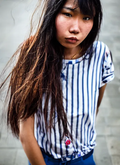 Prompt: Mid-shot portrait of a very beautiful 20-years-old woman from Indonesia, with long hair, candid street portrait in the style of Mario Testino award winning, Sony a7R