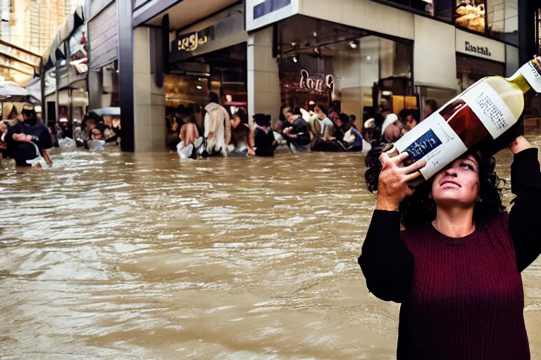 Image similar to closeup portrait of a woman carrying bottles of wine over her head in a flood in Rundle Mall in Adelaide in South Australia, photograph, natural light, sharp, detailed face, magazine, press, photo, Steve McCurry, David Lazar, Canon, Nikon, focus