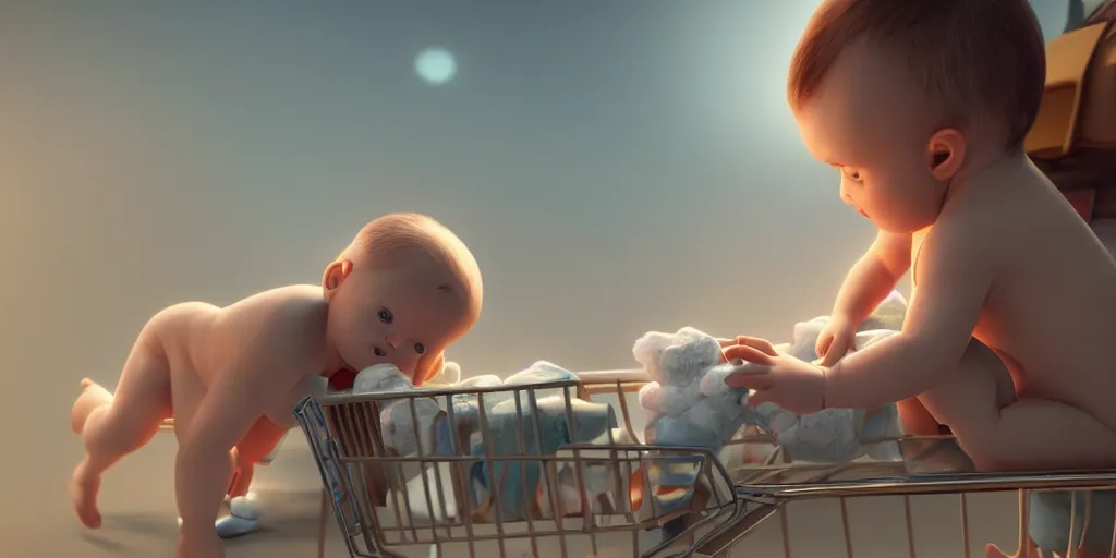 Prompt: baby in diapers with a shopping cart, dim volumetric lighting, 8 k octane beautifully detailed render, post - processing, extremely hyper - detailed, intricate, epic composition, cinematic lighting, masterpiece, trending on artstation, detailed detailed detailed, masterpiece, stunning art, wonderful masterpiece, beautiful cinematic light