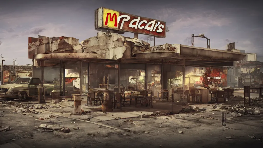 Prompt: post apocalyptic McDonalds::0.1, fallout, wasteland, octane render, 8k