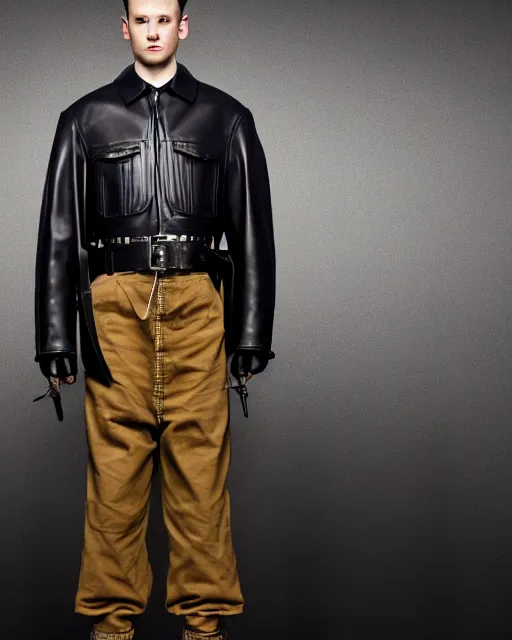 Image similar to an award - winning editorial photo of an irradecent extremely baggy cropped short ancient medieval designer menswear leather police jacket with an oversized collar and baggy bootcut trousers designed by alexander mcqueen, 4 k, studio lighting, wide angle lens