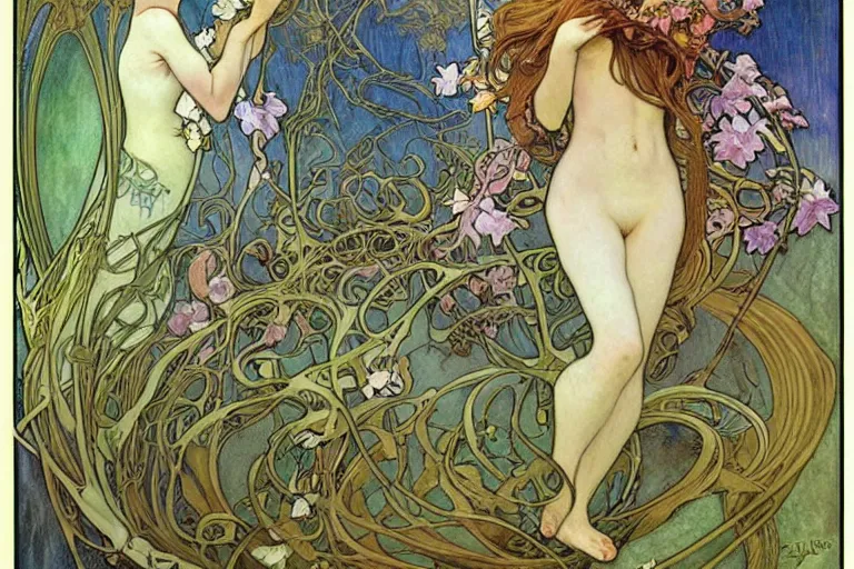 Prompt: art nouveau roots by brian froud and alphonse mucha springtime