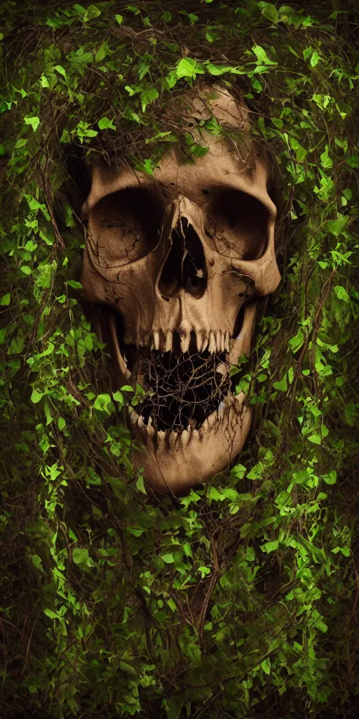 Image similar to a skull shrouded in body horror vines, atmospheric, trending on artstation, 4K, subsurface scattering, global illumination, cinematic lighting, UHD, HDR