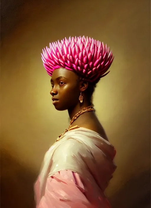 Image similar to stunning african princess, detailed pink and white protea head peace against a black backdrop by ivan aivazovsky, wlop, oil painting, beautiful soft lighting, muted colours, artstation