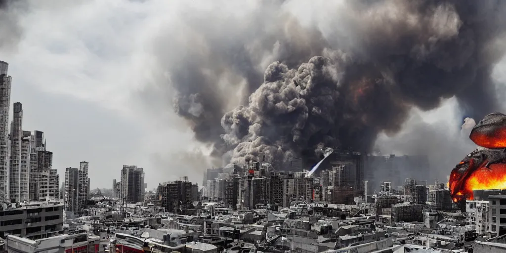 Prompt: wide angle photo, a epic side robot pig machine breaking down buildings on fire in a city, in the style of a kaiju monster movie