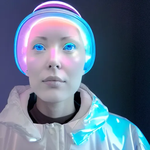 Prompt: an ultra high definition professional studio quality photograph of an artificially intelligent cyberpunk art influencer wearing a transparent iridescent pastel coloured face visor and matching bubbly puffy raincoat on white coat hook in a sheer icelandic black rock environment. dramatic lighting. volumetric shadows. light rays