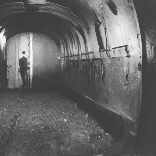 Image similar to the disembodied spirit of a dangerous railroad worker, Boxcar on the railroad, Cinematic, 35mm, film still from horror movie