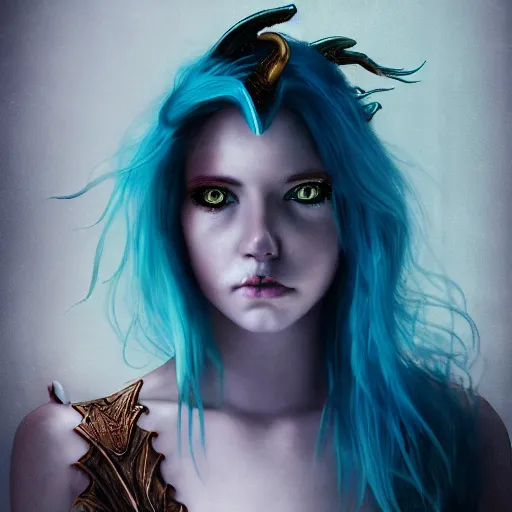 Image similar to The dragon girl portrait, portrait of young girl half dragon half human, dragon girl, dragon skin, dragon eyes, dragon crown, blue hair, long hair, highly detailed, cinematic lighting, by David Lynch