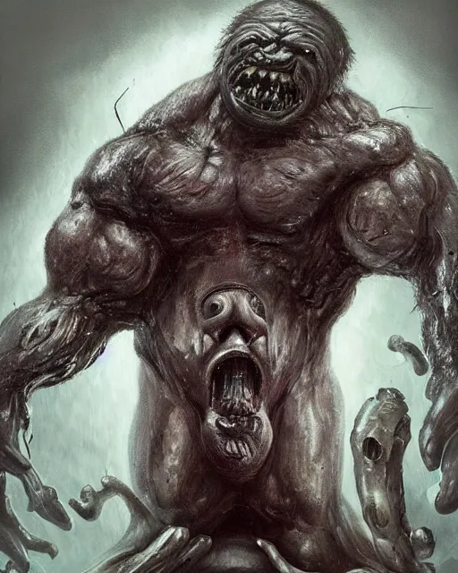 Prompt: Dark fantasy Painting of a hulking muscular EXTRATERRESTRIAL creature with big bulging eyes, white milky eyes, eyeballs, two heads, flabby skin, excess skin hanging from cheeks, straw-like beard growing from face, disgusting, creepy, unsettling, horror, upper body, intricate, wild, highly detailed, digital painting, artstation, concept art, smooth, sharp focus, illustration, art by artgerm and greg rutkowski and alphonse mucha