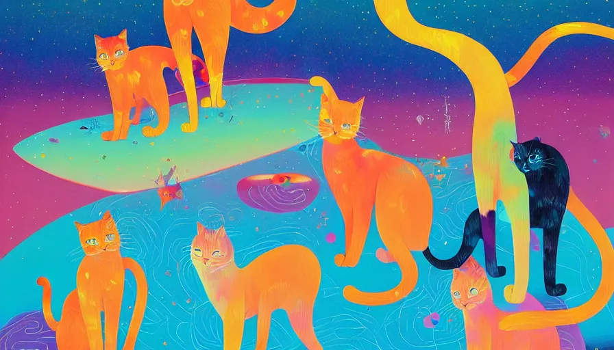 Image similar to contemporary semi abstract acrylic painting of really tall sitting cats by makoto shinkai, by lisa frank, by victo ngai, by kessler art, thick brush strokes and visible paint layers, multicolor color scheme