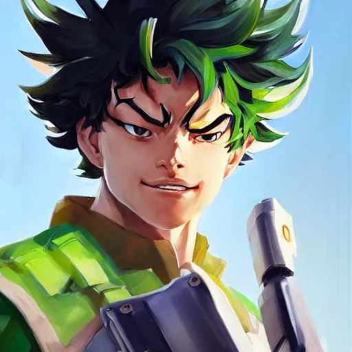 Image similar to greg manchess portrait painting of izuku midoriya as overwatch character, medium shot, asymmetrical, profile picture, organic painting, sunny day, matte painting, bold shapes, hard edges, street art, trending on artstation, by huang guangjian and gil elvgren and sachin teng