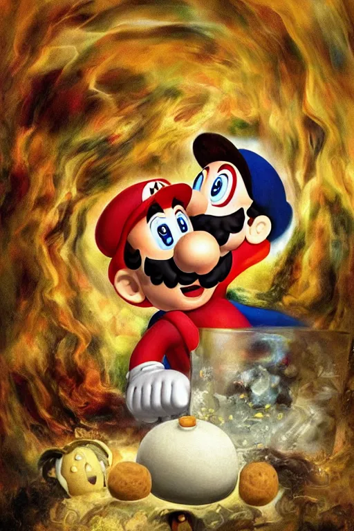 Image similar to mario eating kinopio in the style of saturn devouring his son, goya art, canvas painting, digital art, extremely detailed, photoshop, devouring, cannibalism, swallowing, humanoid mushroom