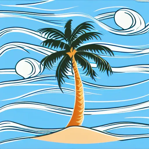 Prompt: waves in front of a palm tree in front of a giant volleyball vector logo, professional sports style, flat colour, svg, professional, sharp edges