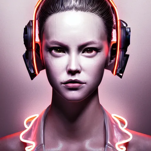 Image similar to the portrait of an absurdly beautiful, graceful, sophisticated, fashionable cyberpunk gravure idol, an ultrafine hyperdetailed illustration by kim jung gi, irakli nadar, matt wisniewski, intricate linework, neon wiring, porcelain skin, led headset, unreal engine 5 highly rendered, global illumination, radiant light, detailed and intricate environment