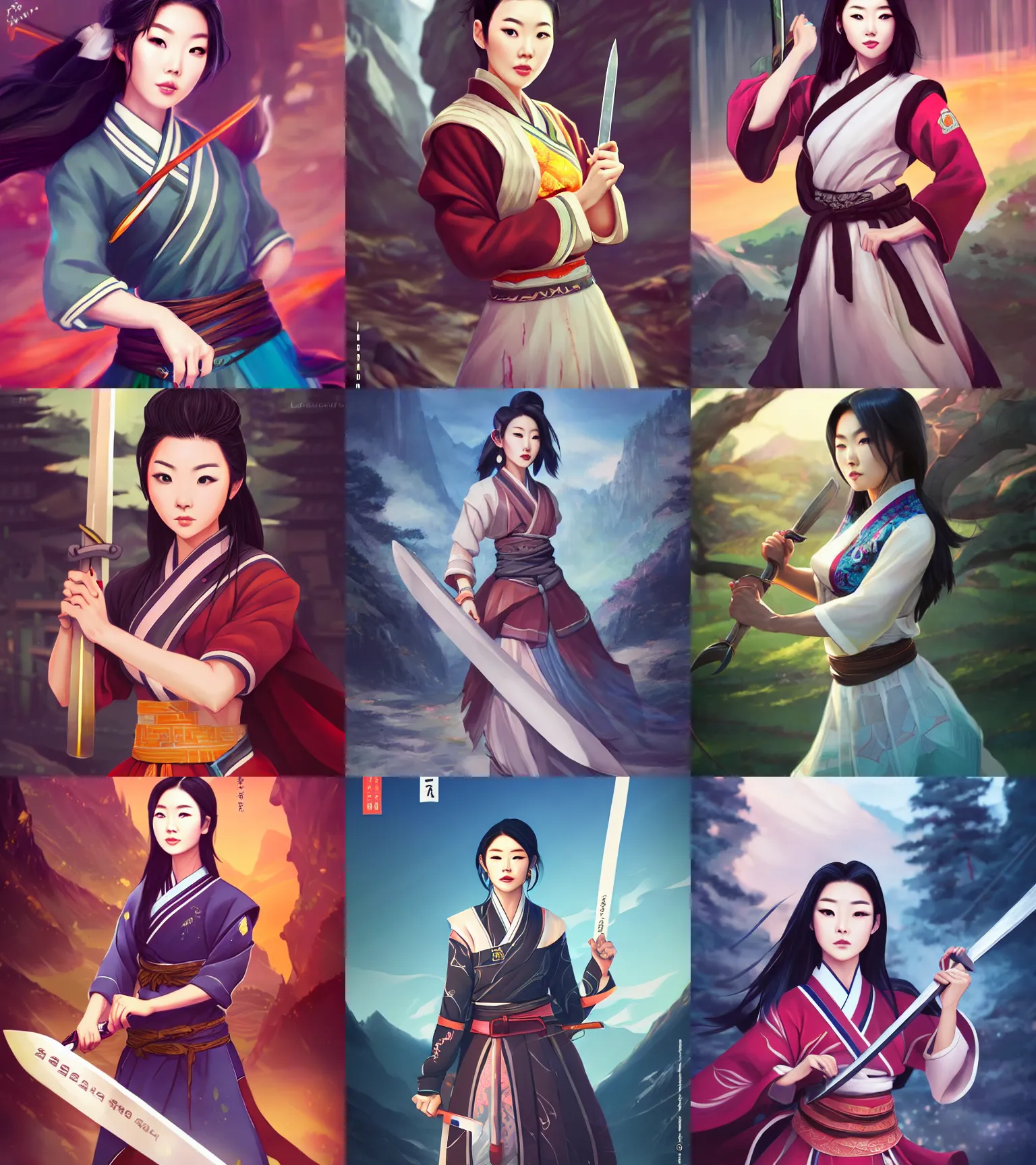 Prompt: a portrait of arden cho chef character in a scenic korean city environment by ross tran and loish, sharp focus, detailed, cinematic, hanbok, radiant korean sword in her right hand, battle stance