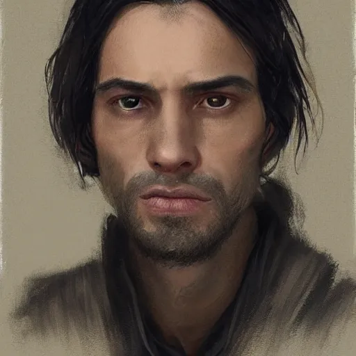 Image similar to portrait of a man by greg rutkowski, he is about 3 0 years old, short black hair with bangs, his features are a mix between french, turkish and russian, very tall and slender, he is wearing a beige and black utility jumpsuit, highly detailed portrait, digital painting, artstation, concept art, smooth, sharp foccus ilustration, artstation hq