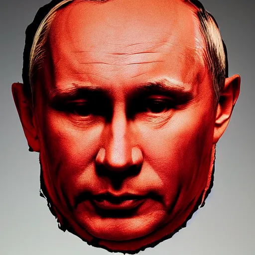 Image similar to carved rock face of putin, stained with blood, photograph lit by flash, as shot by james nachtwey