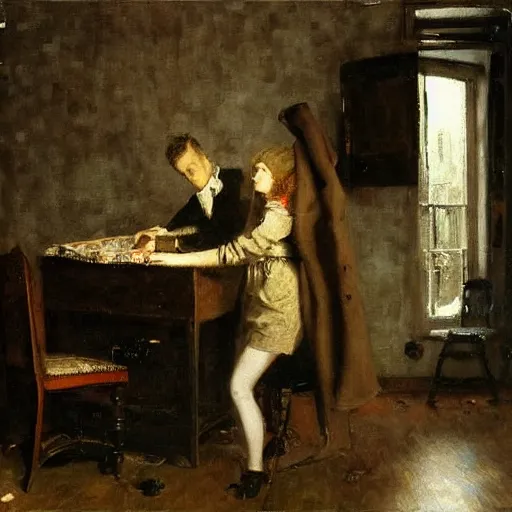 Image similar to a young man and a young woman solving an escape room puzzle, mysterious markings on the wall, by alfred stevens