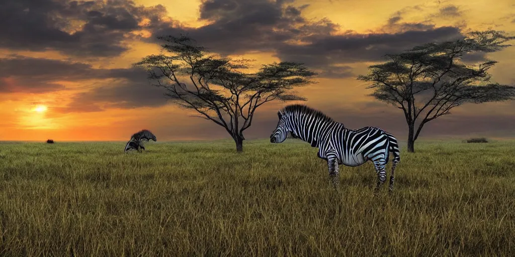 Prompt: in the distance one zebra is watching the sunset in paradise, hidden holy grail, photorealistic, masterpiece, award winning landscape photo, hyperdetailed