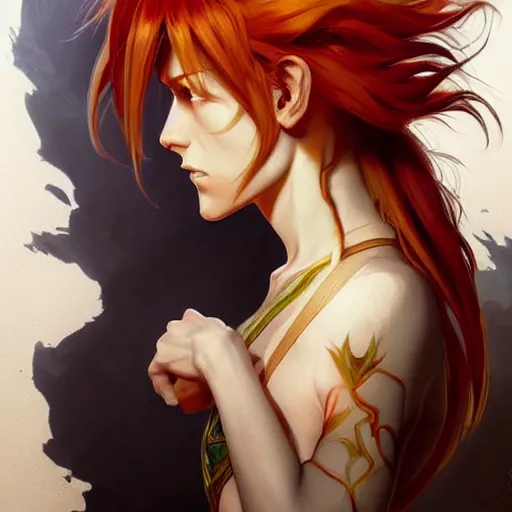 Image similar to portrait of hisoka morow hunter hunter, male, sharp jaw yellow eyes small eyes red hair crimson medium length hair, anime, fantasy, intricate, elegant, highly detailed, digital painting, artstation, concept art, matte, sharp focus, illustration, art by artgerm and greg rutkowski and alphonse mucha