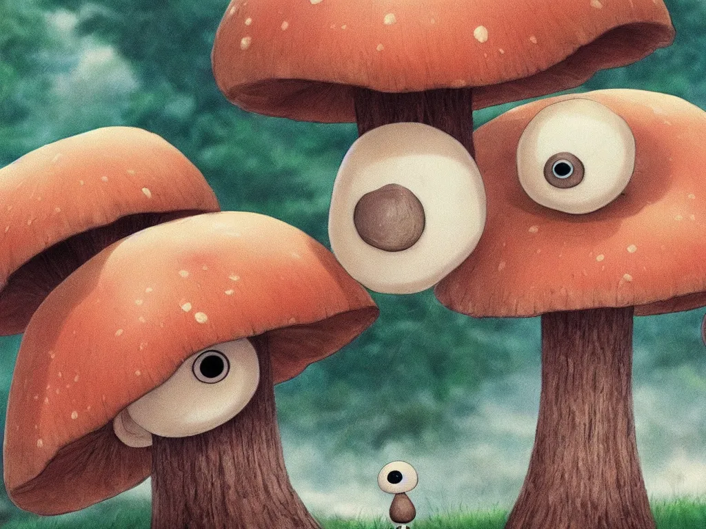 Prompt: award winning hyper-realistic portrait of a mushroom with large round eyeballs, film still in the style of Studio Ghibli, by Hayao Miyazaki, high quality, detailed, 8k, amazing