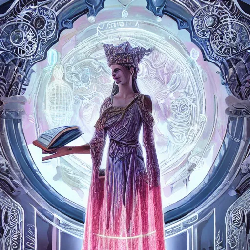 Image similar to a portrait of a older anya taylor - joy as the goddess minerva surrounded by stacks of books, bioluminescent gown with deep level of detail of esoteric symbols, urban motifs, intricate, elegant, highly detailed, digital painting, trending on artstation, concept art, smooth sharp focus, illustration, art by artgerm and greg rutkowski