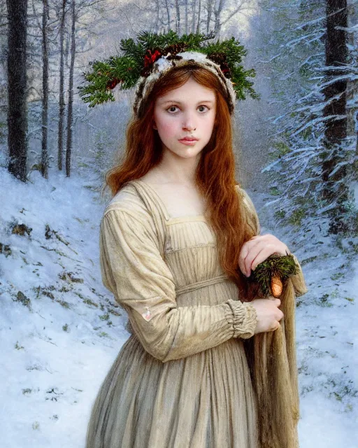 Image similar to a well - lit, realistic portrait painting of a thoughtful girl resembling a young, shy, redheaded alicia vikander or millie bobby brown wearing a christmas wreath in her hair and peasant dress in a deep snow - covered forest at dusk, highly detailed, intricate, concept art, artstation, by donato giancola, ron cobb, and william bouguereau