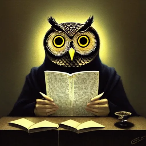 Prompt: a wise owl reviewing texts in a computer, art by greg rutkowski, intricate, elegant, highly detailed, smooth, sharp focus, artstation